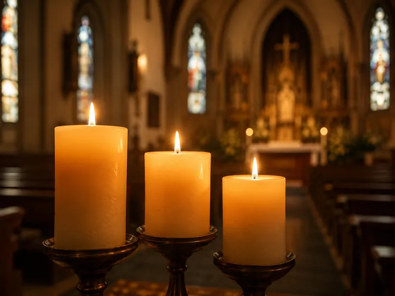Drei brennende Kerzen in der Kirche