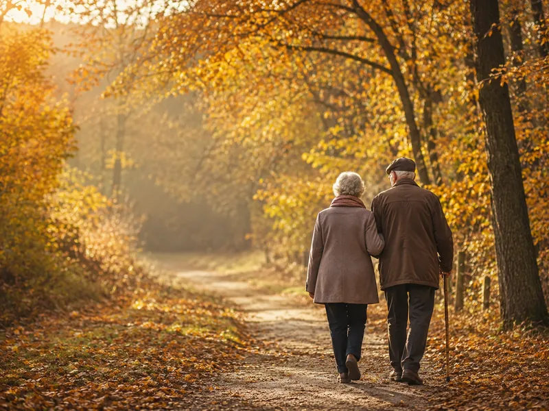 Älteres Paar spaziert durch einen herbstlichen Wald