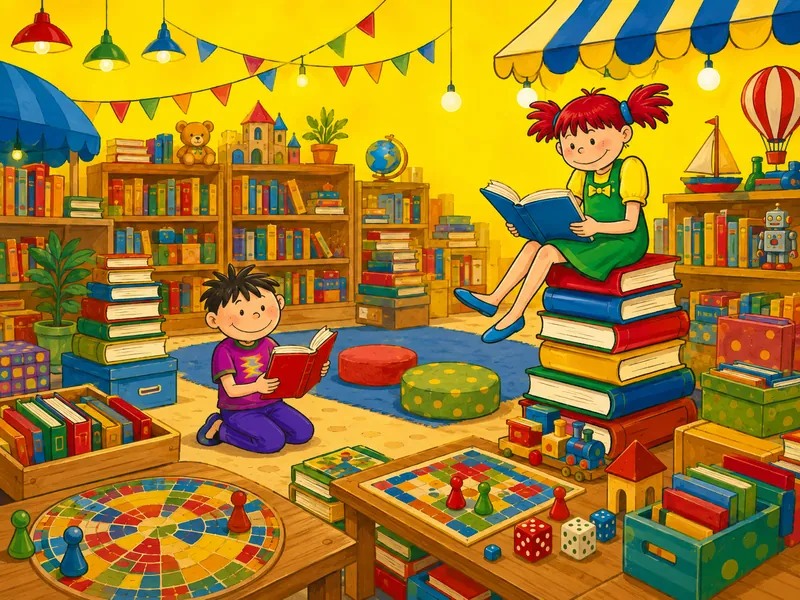 Gezeichnete Kinder lesen zwischen Bücherregalen und Spielen